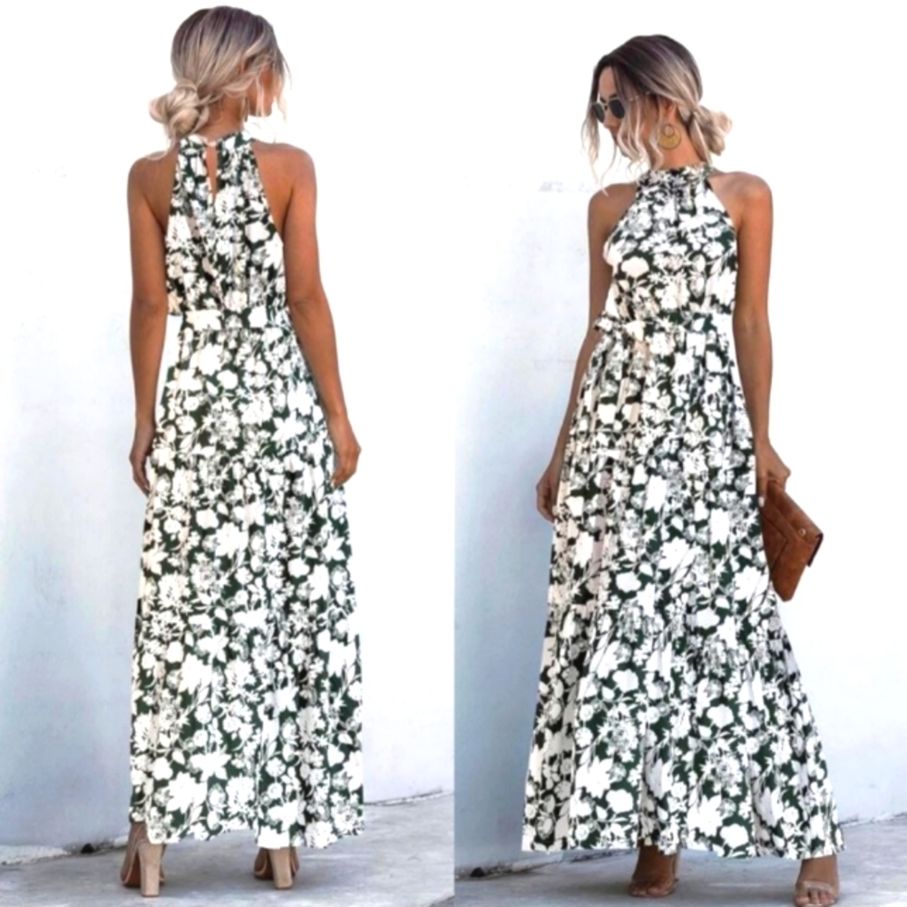 Pretty Patterned-Print Halter Dress (Green) NWT